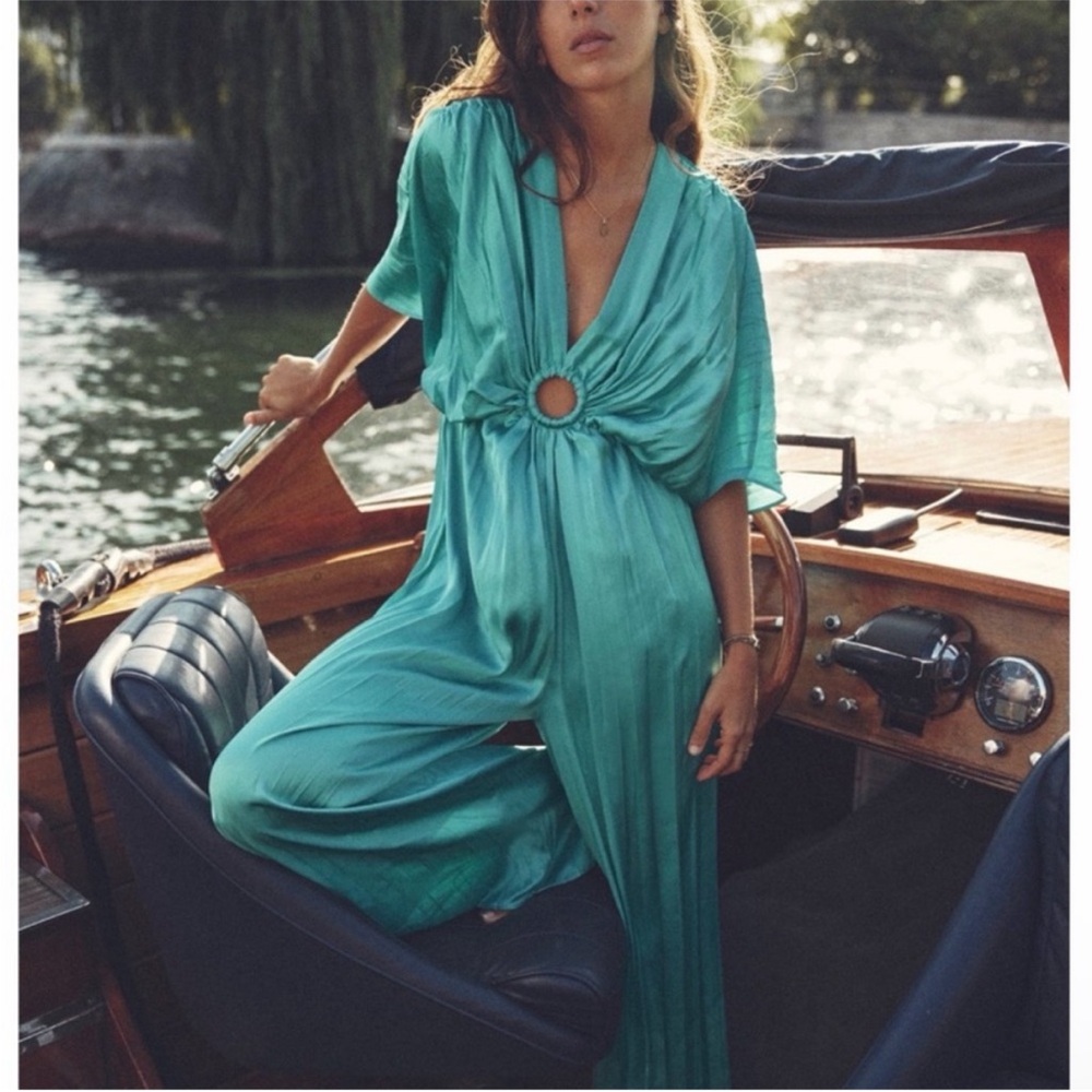 Zara Teal Plunging Ring-Front Jumpsuit